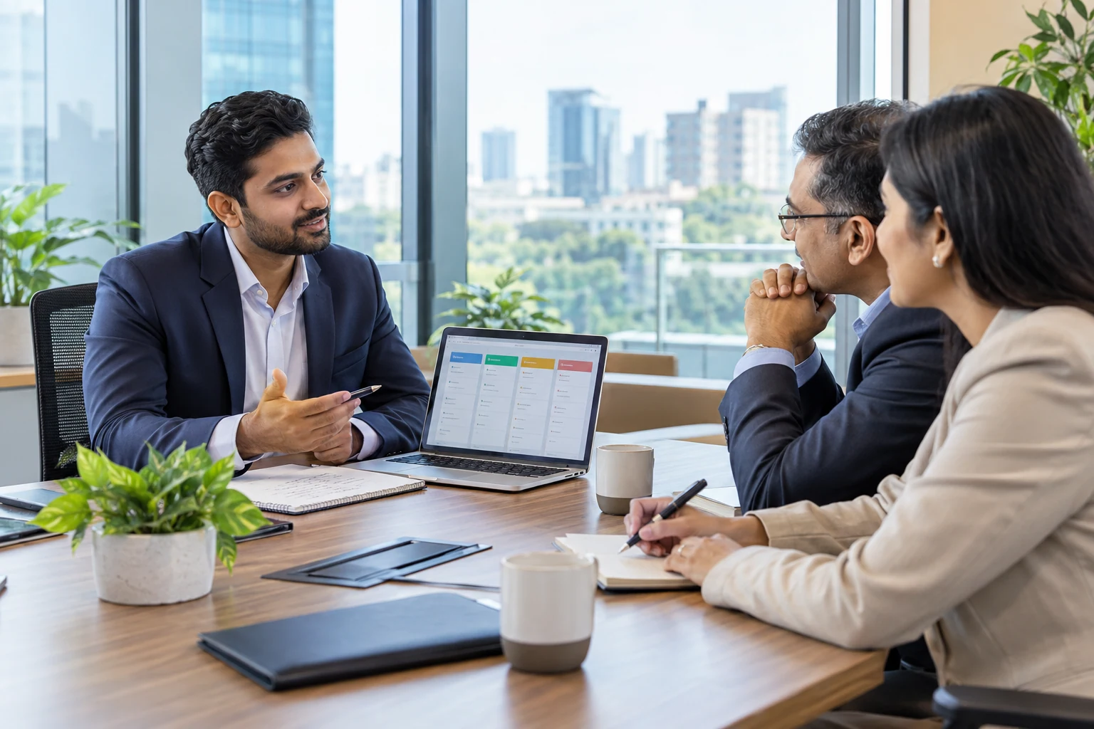 Illustrative sales consultant discussing customer requirements with business clients