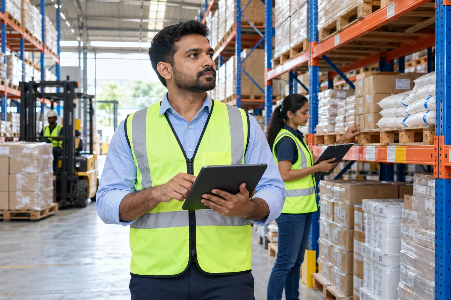 Illustrative warehouse operations manager using a tablet beside organized inventory shelves