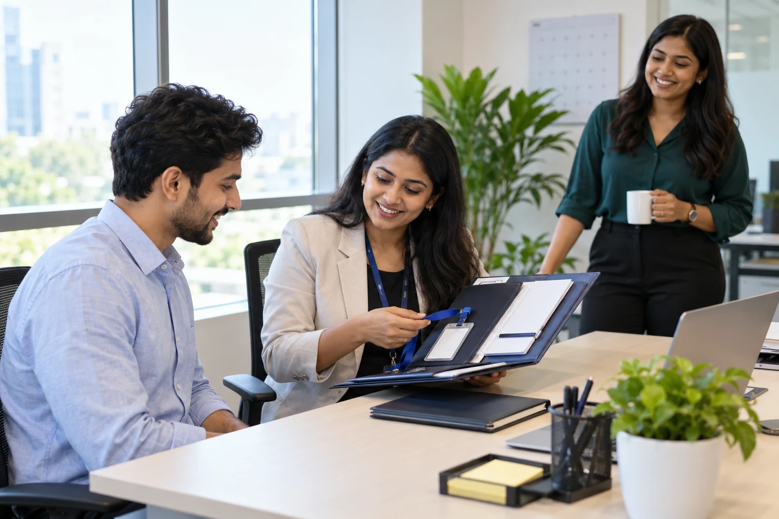 Illustrative HR specialist guiding a new employee through onboarding documents
