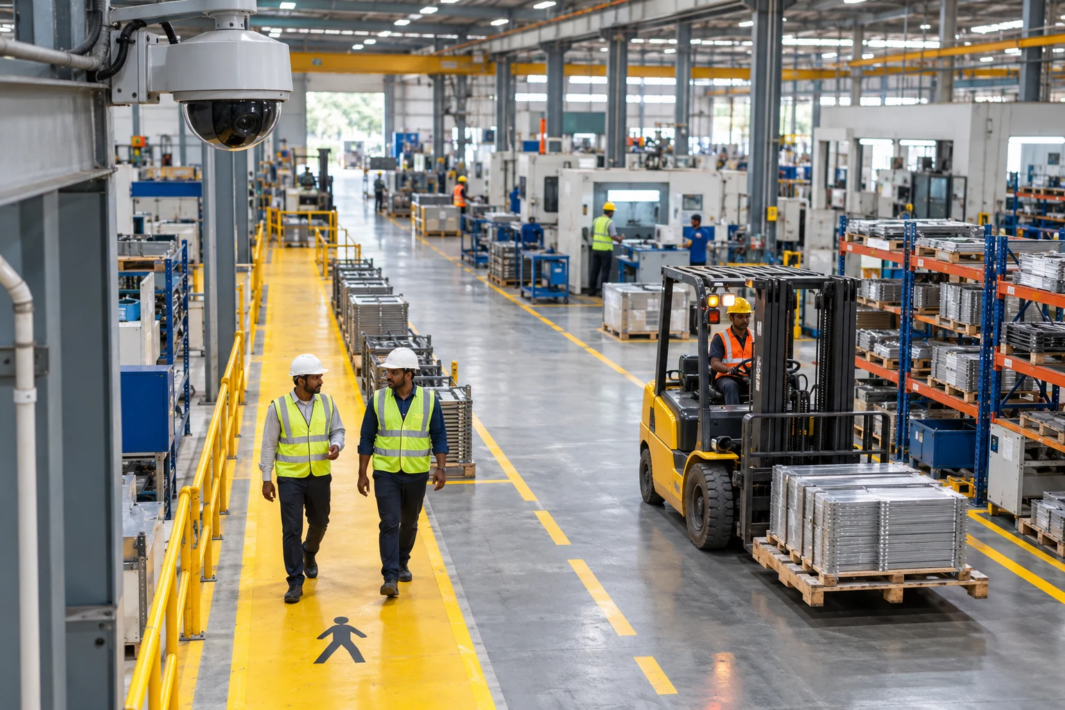 Illustrative factory CCTV scene with PPE-wearing workers, marked pedestrian routes and a separated forklift lane