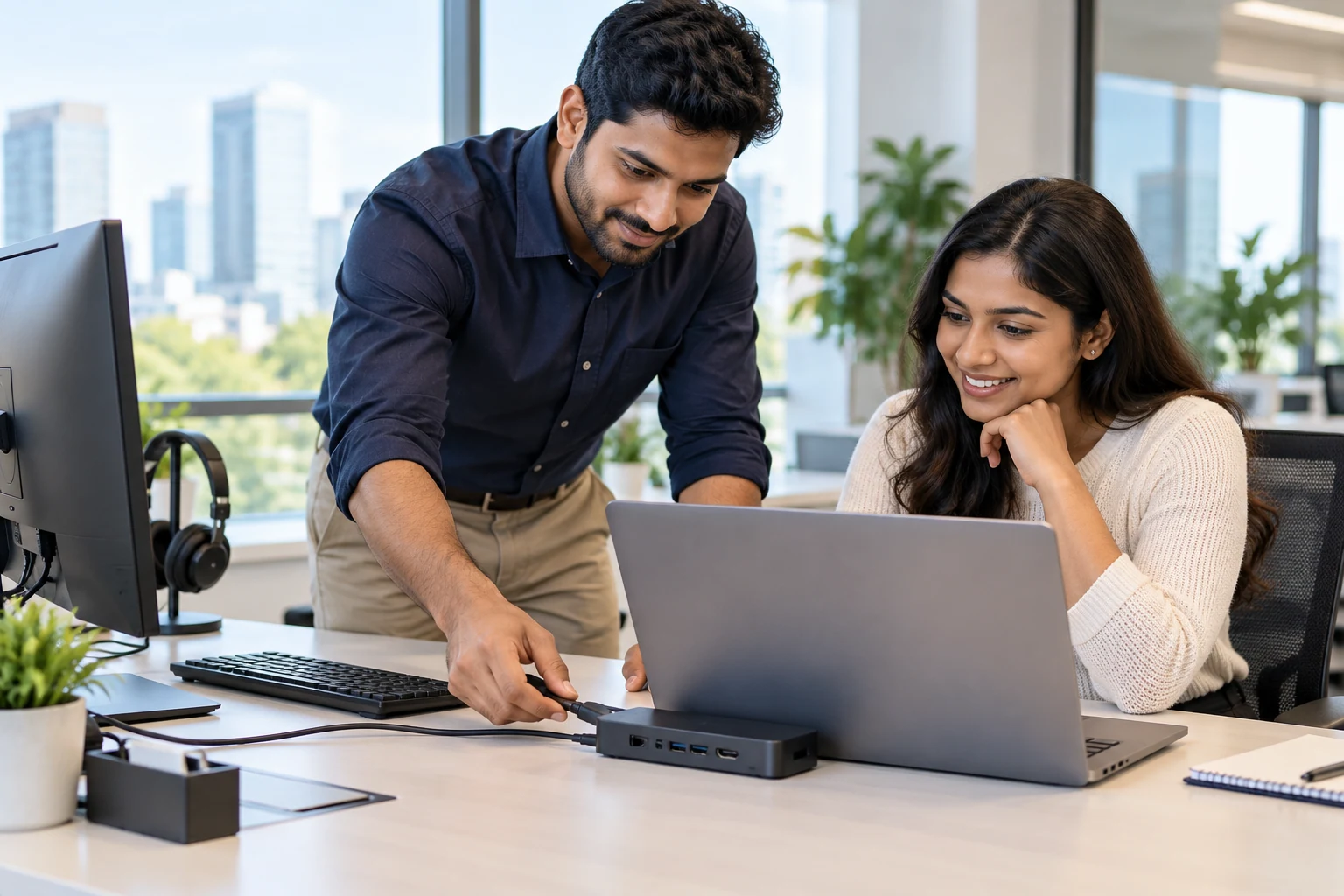 Illustrative IT support engineer helping an employee connect a laptop docking station
