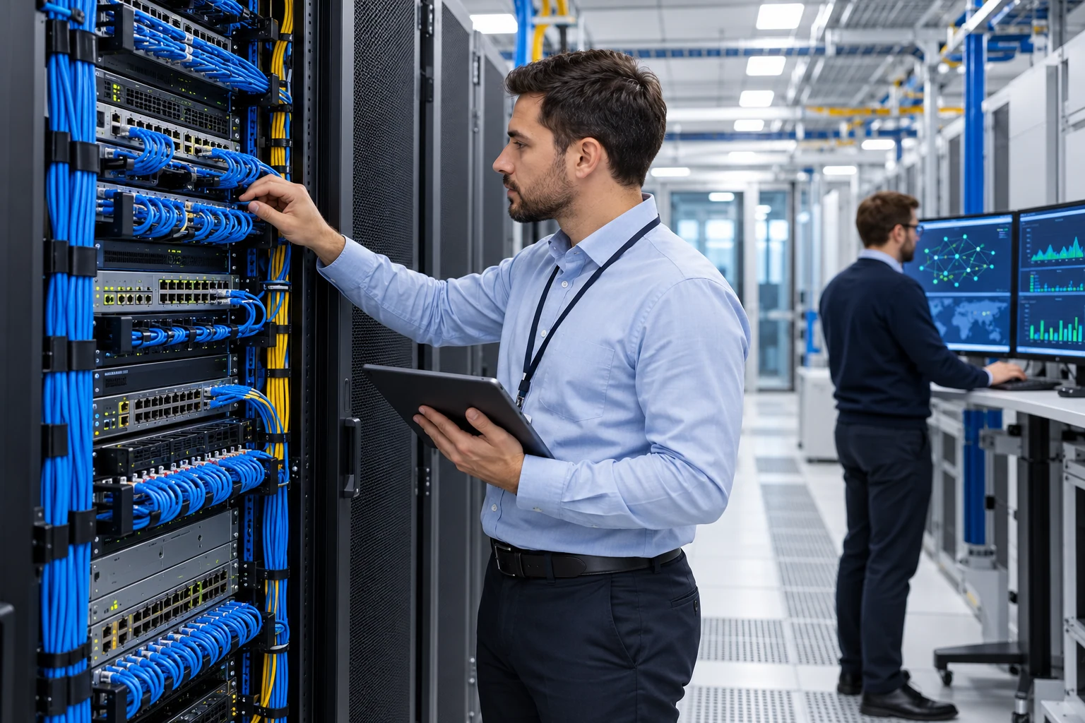 Illustrative network engineer inspecting switches and organized patch panels in a data center