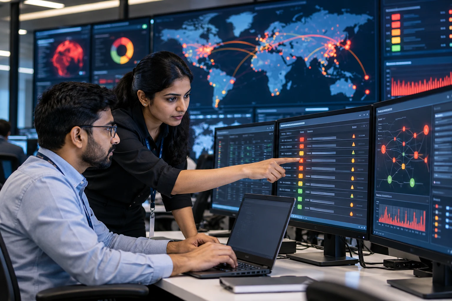 Illustrative security operations analysts reviewing incident timelines and threat signals