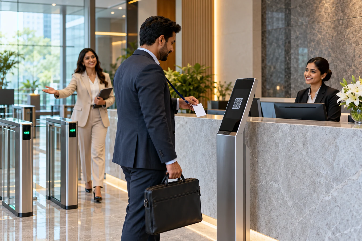 Illustrative visitor checking in at an office reception kiosk beside access gates